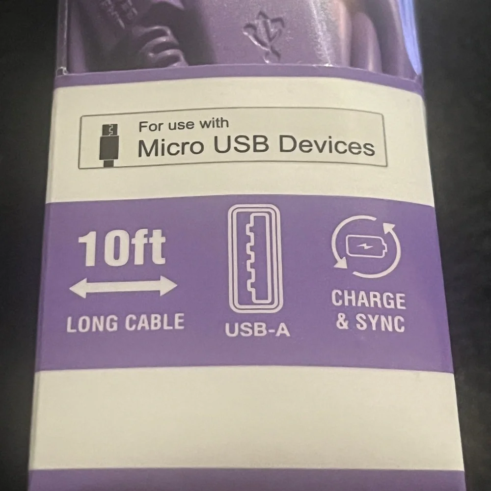 Wireless Gear Micro USB-C Devices 10’ Cable and Wall Charger) purp.New